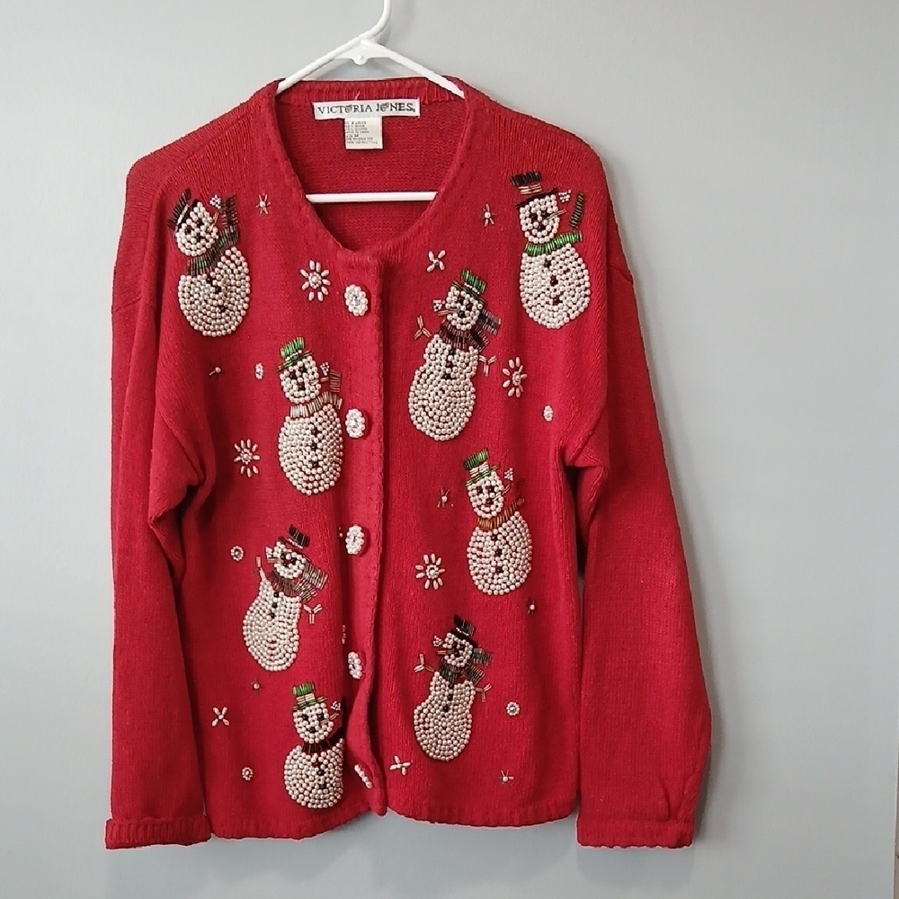 Vintage Snowman Beaded Sweater Button Down Womens Medium Ugly Christmas Sweater